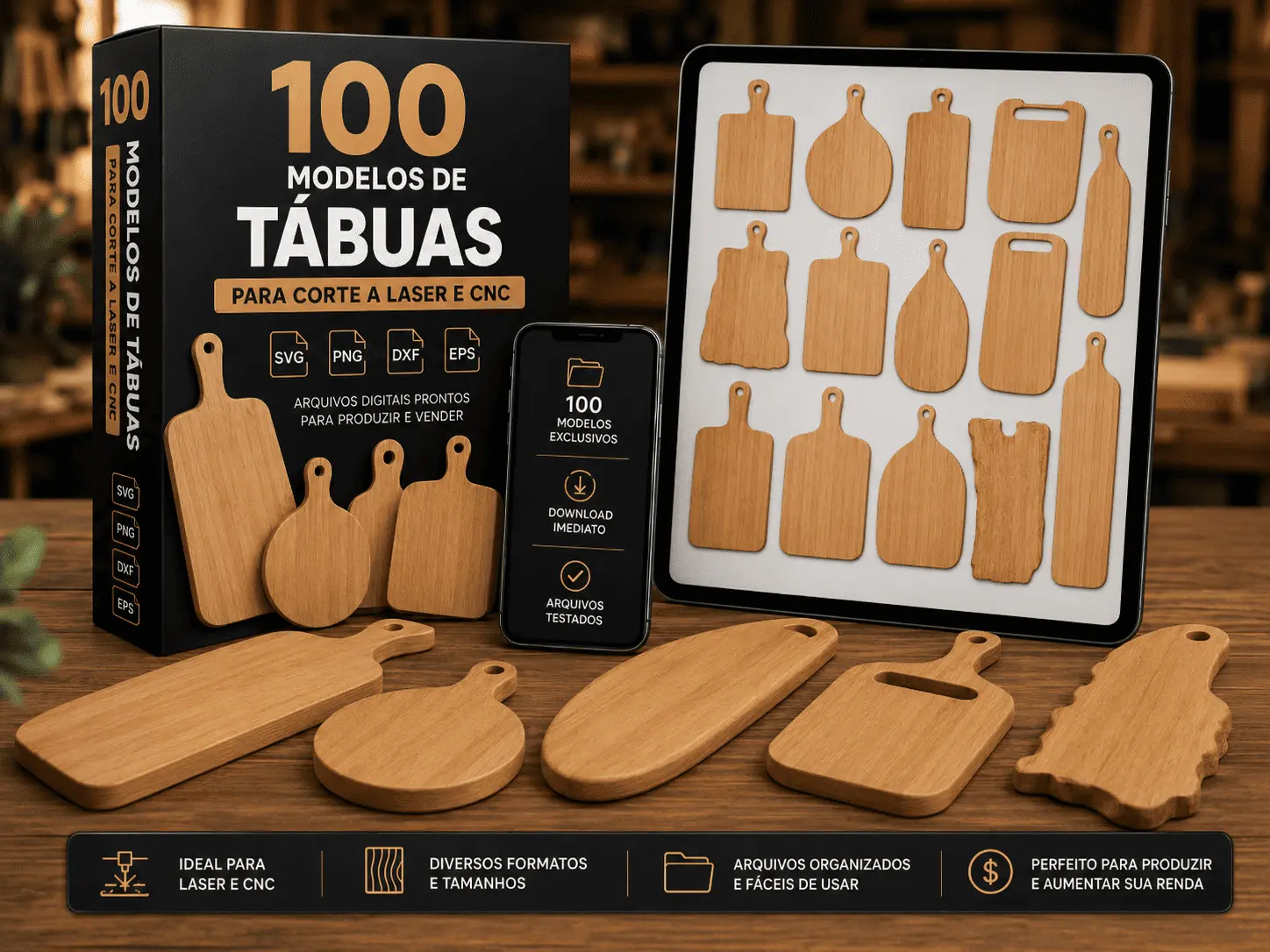 Mockup dos 100 modelos de tábuas em SVG, PNG, DXF e EPS